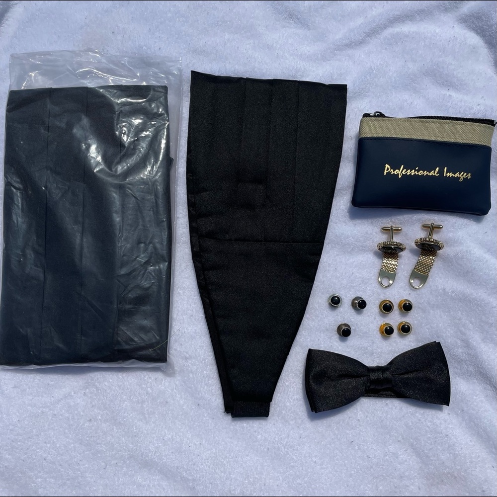 Men’s black Bow tie/ cummerbund/ cuff link bundle